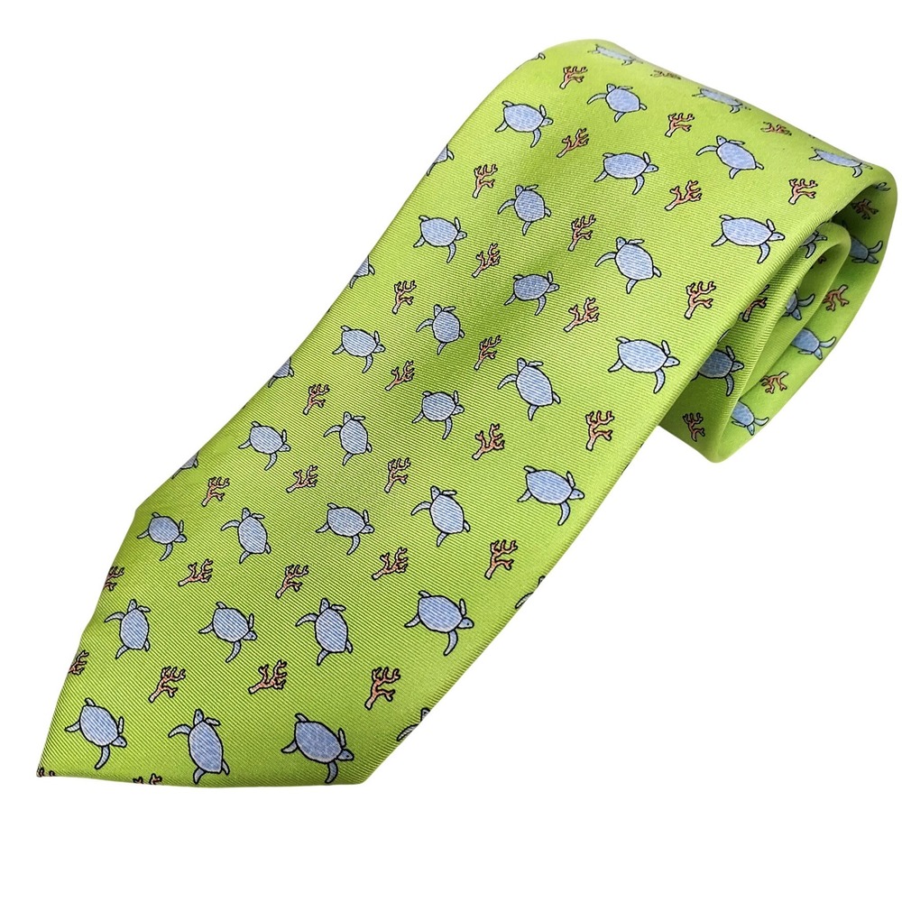 SERO‎ New England Classics Mens Lime Green Turtle Coral Print Silk Tie